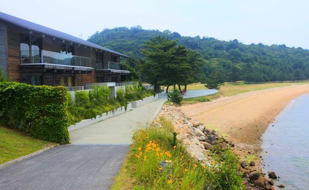 : A multi-story modern building with balconies next to a paved path, yellow wildflowers and a sandy coastline.