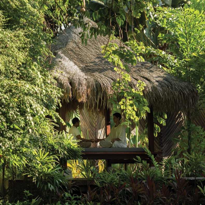 Two people sit in meditation facing each other inside a secluded wooden hut surrounded by lush jungle plants.