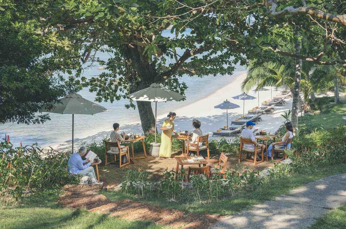 People dining at outdoor tables shaded by trees alongside a tropical white sand beach.
