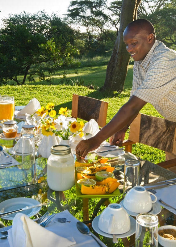 A person arranging a breakfast table with papaya and coffee in a sunlit garden setting.