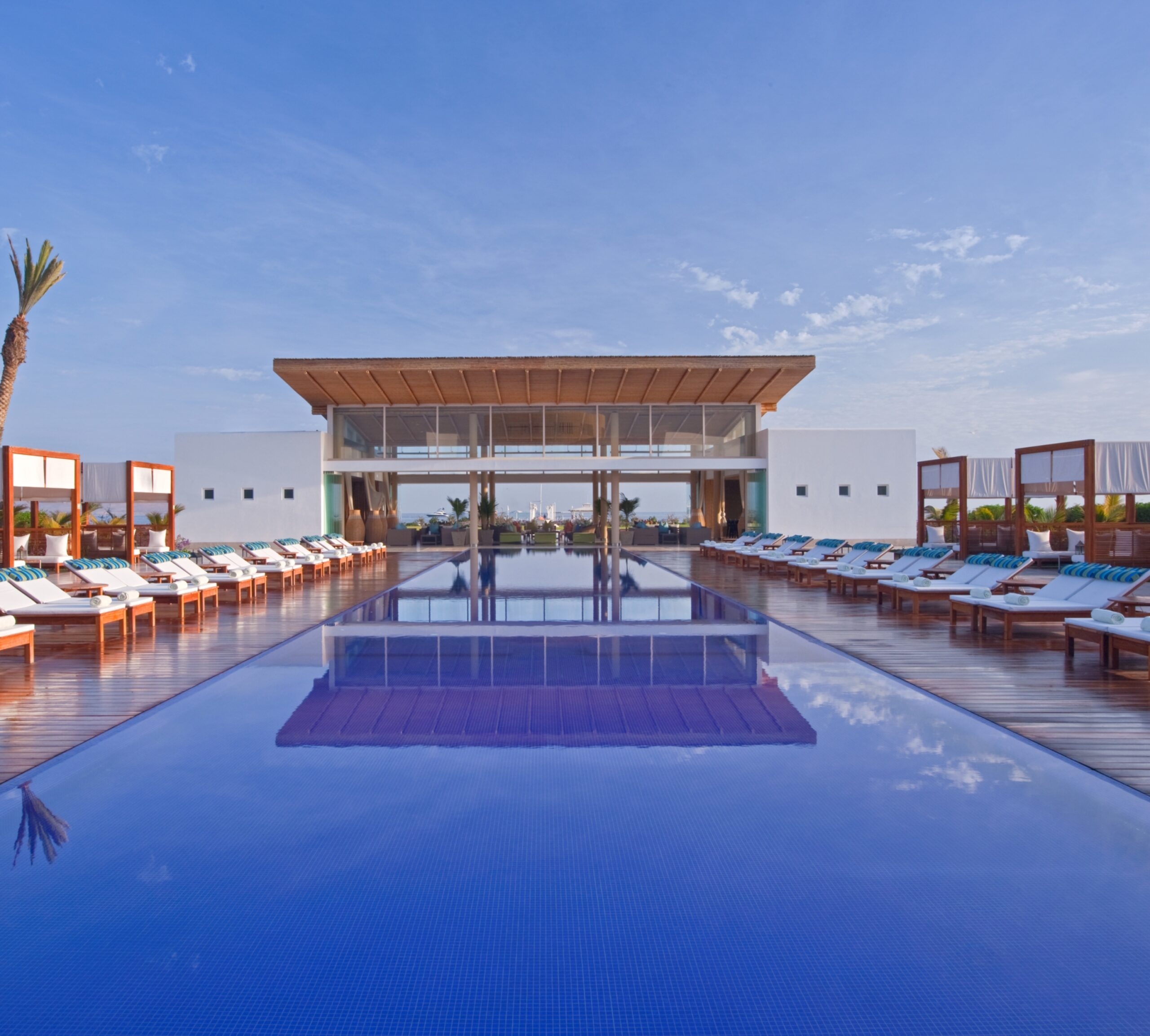 Luxurious resort swimming pool with loungers and palm trees under a clear sky.
