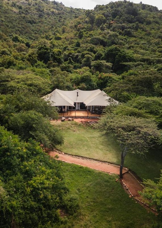 Aerial view of a large, multi-peaked white canvas safari tent surrounded by dense green trees and a winding dirt path.