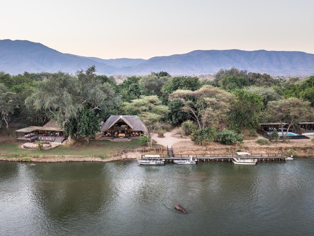 Aerial view of Chiawa Camp showing thatched buildings, docked boats, and a pool deck along a river with a swimming hippo.