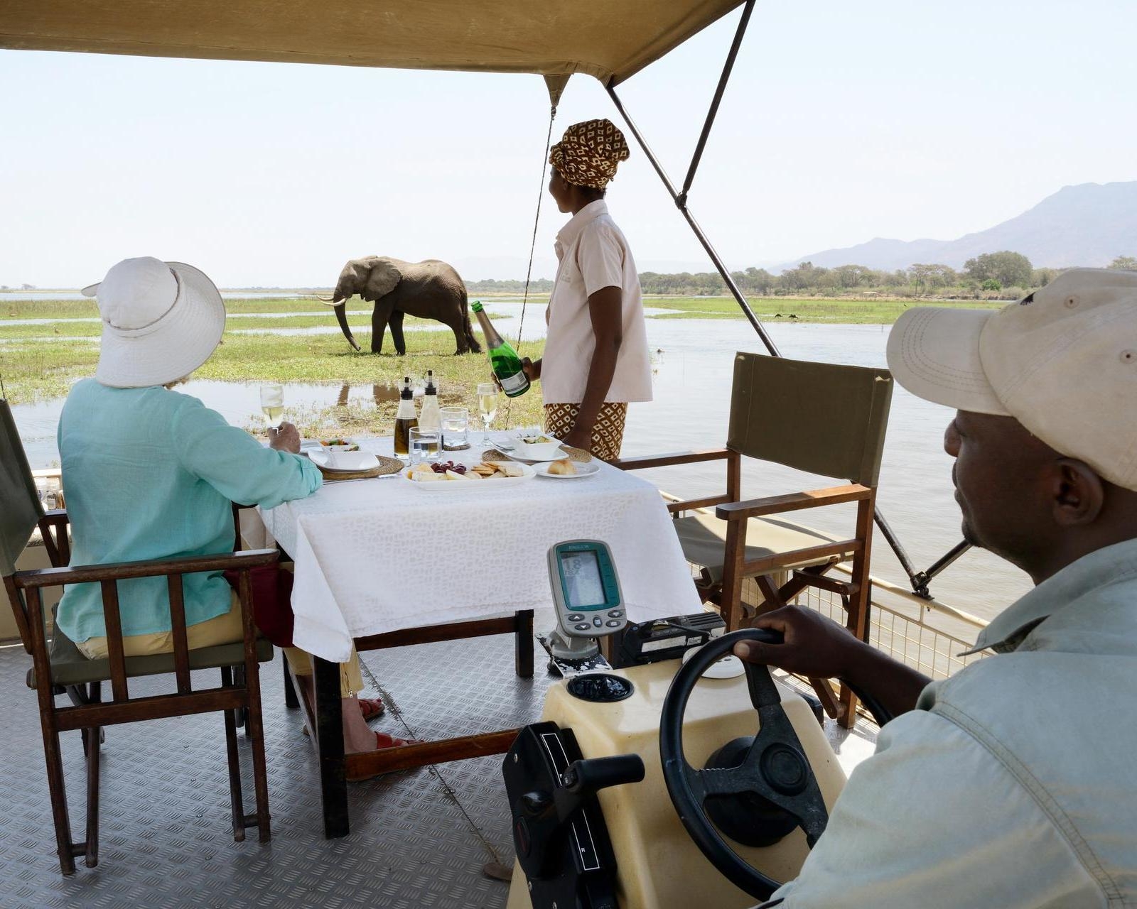 Guests on a pontoon boat at Chiawa Camp enjoy lunch and drinks while a large elephant wades in the shallow river background.