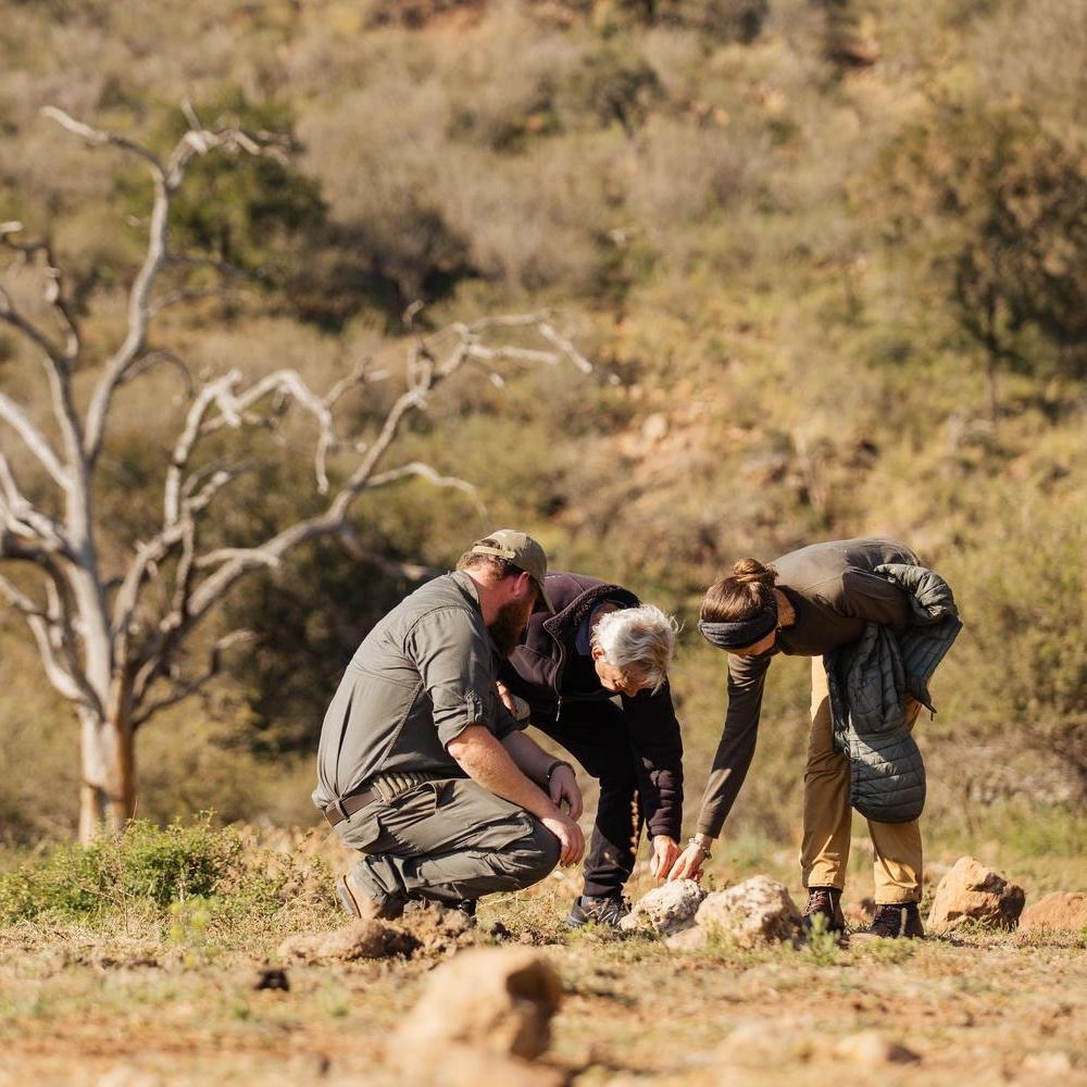 Three people, including a guide, crouch to examine the ground in a dry, grassy savanna landscape.