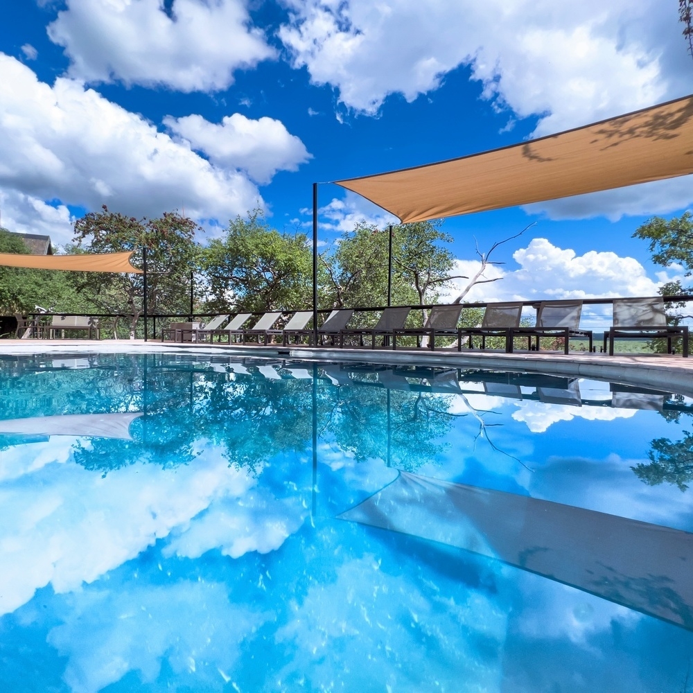 Large swimming pool reflecting a blue sky with white clouds, surrounded by lounge chairs at Ongava Lodge.
