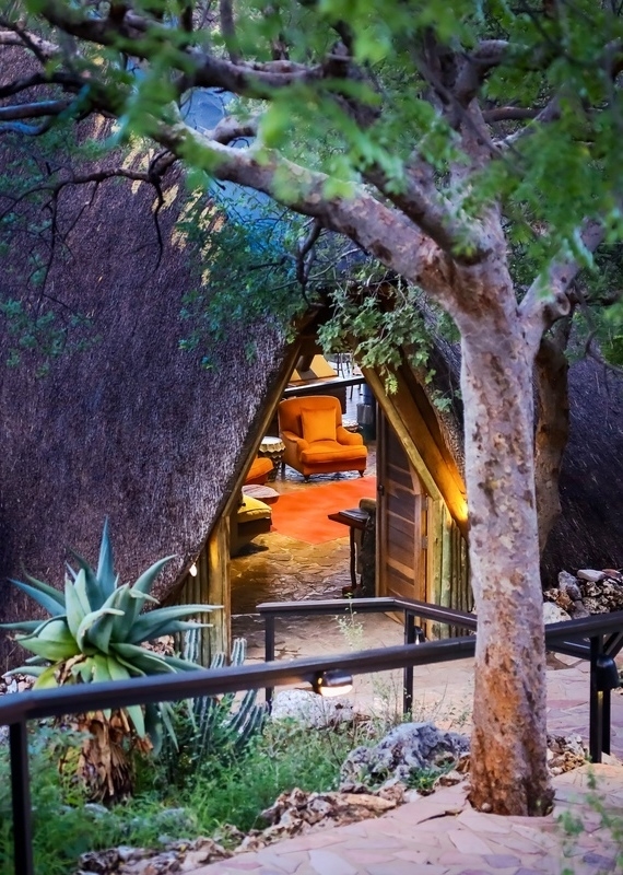 An A-frame thatched chalet nestled in trees at Ongava Lodge, showing a warmly lit interior.