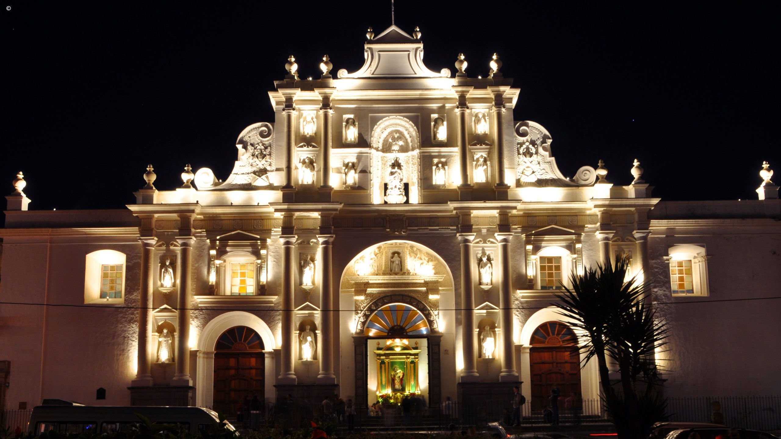 Exterior of El Convento illuminated at night, situated in Antigua, Guatemala
