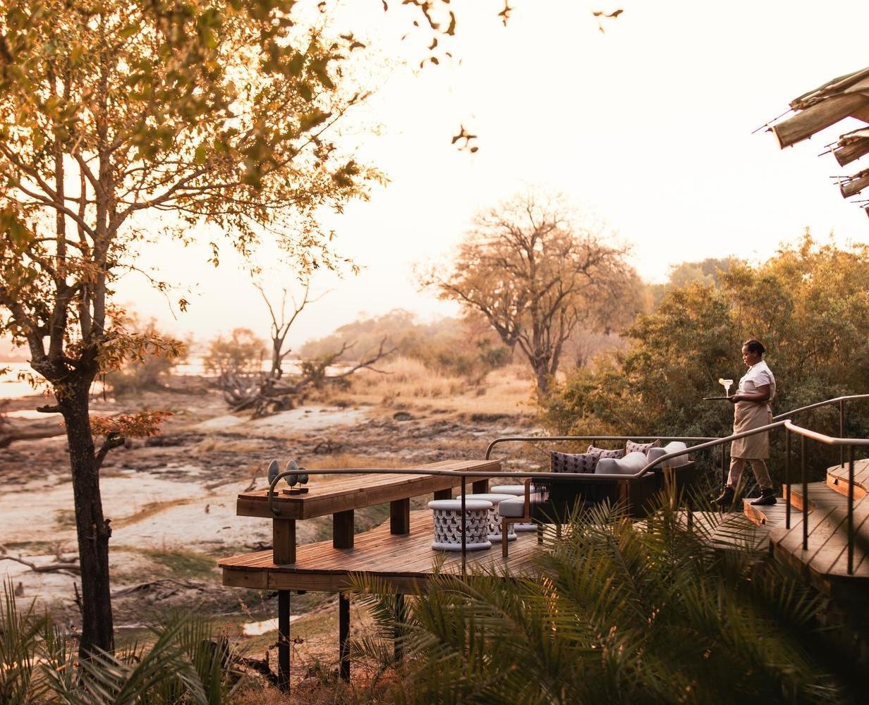 A staff member carrying a tray walks down stairs to a wooden viewing deck with seating, overlooking a dry savanna at sunset.