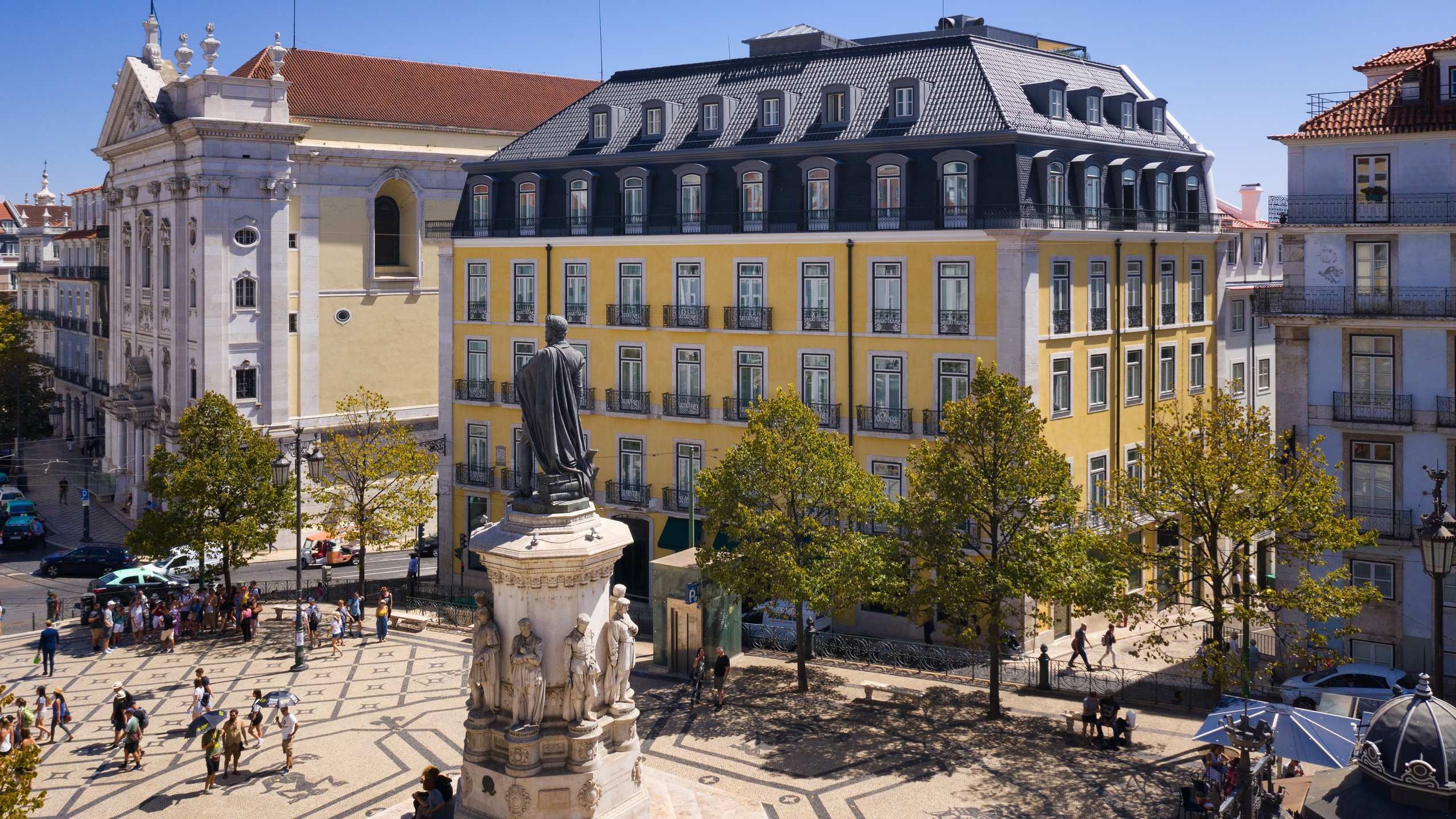 A view of the square and exterior of Bairro Alto hotel in Lisbon