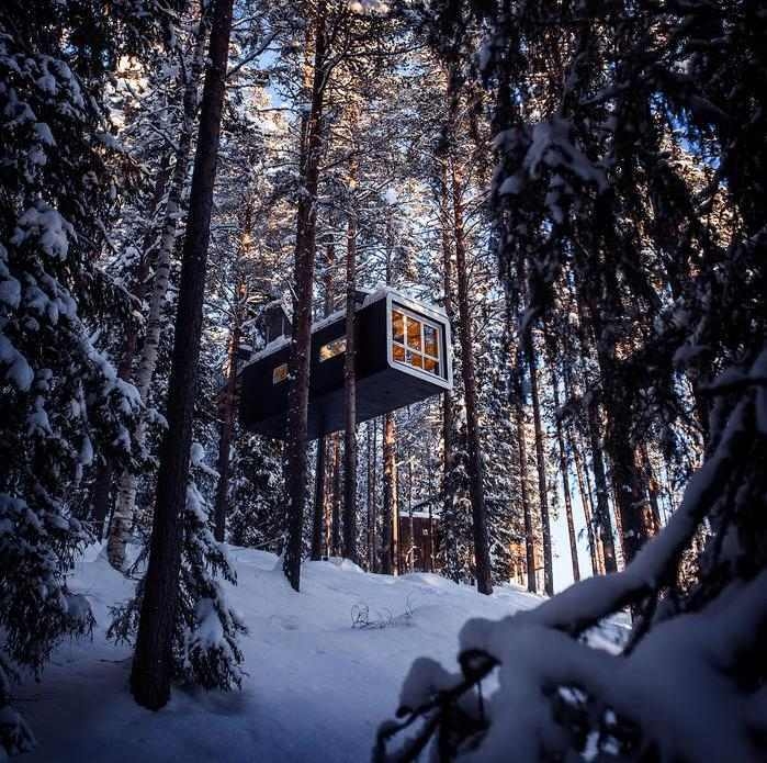 A black rectangular treehouse with a large window hanging in a dense, snowy forest.