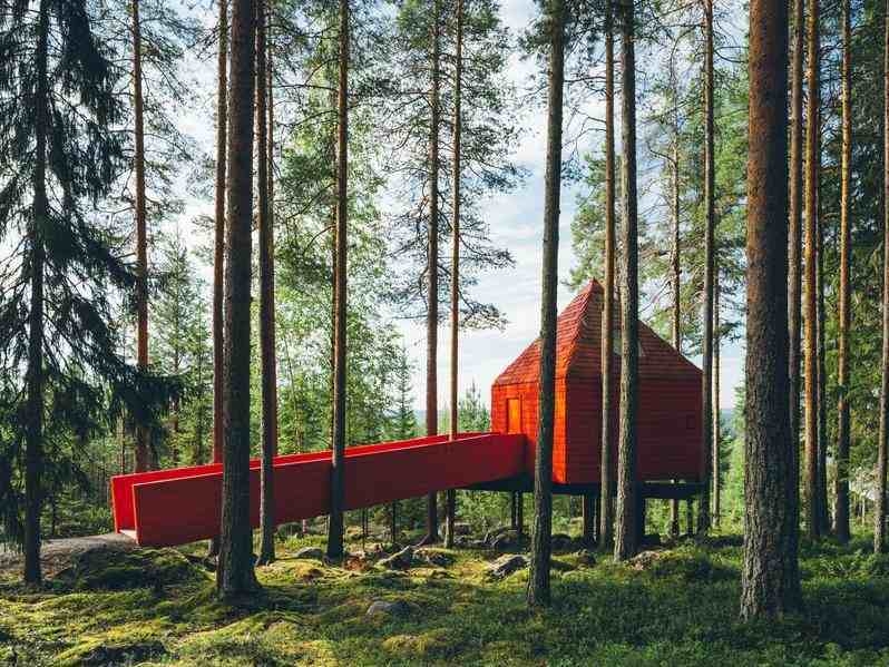 The vibrant red wooden exterior of the Blue Cone cabin contrasts sharply with the green forest surroundings.