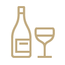 Jacada Travel wine glass and wine bottle drawn in golden bold line work