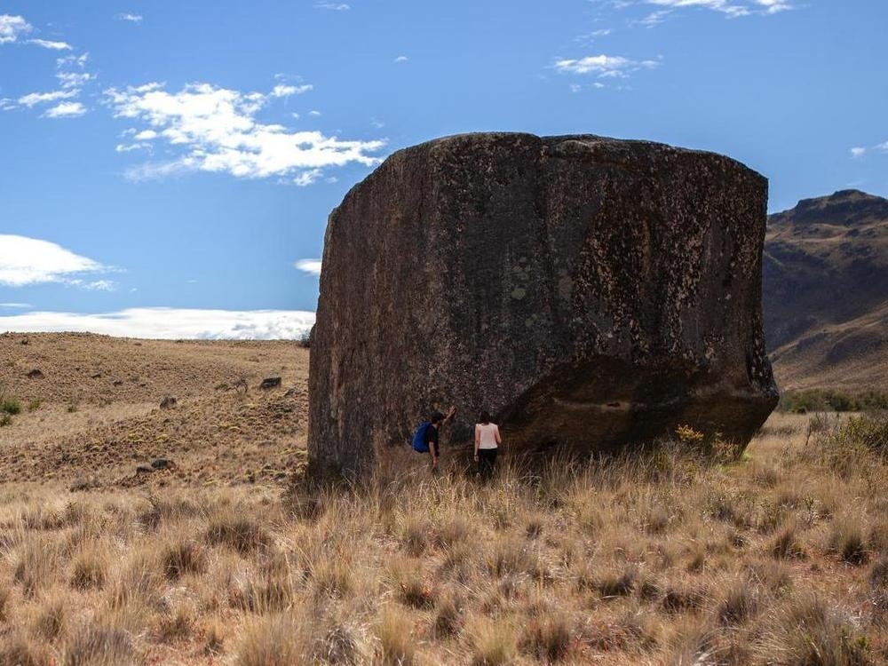 Two hikers standing beside an enormous boulder in a grassy field at Explora Patagonia National Park.