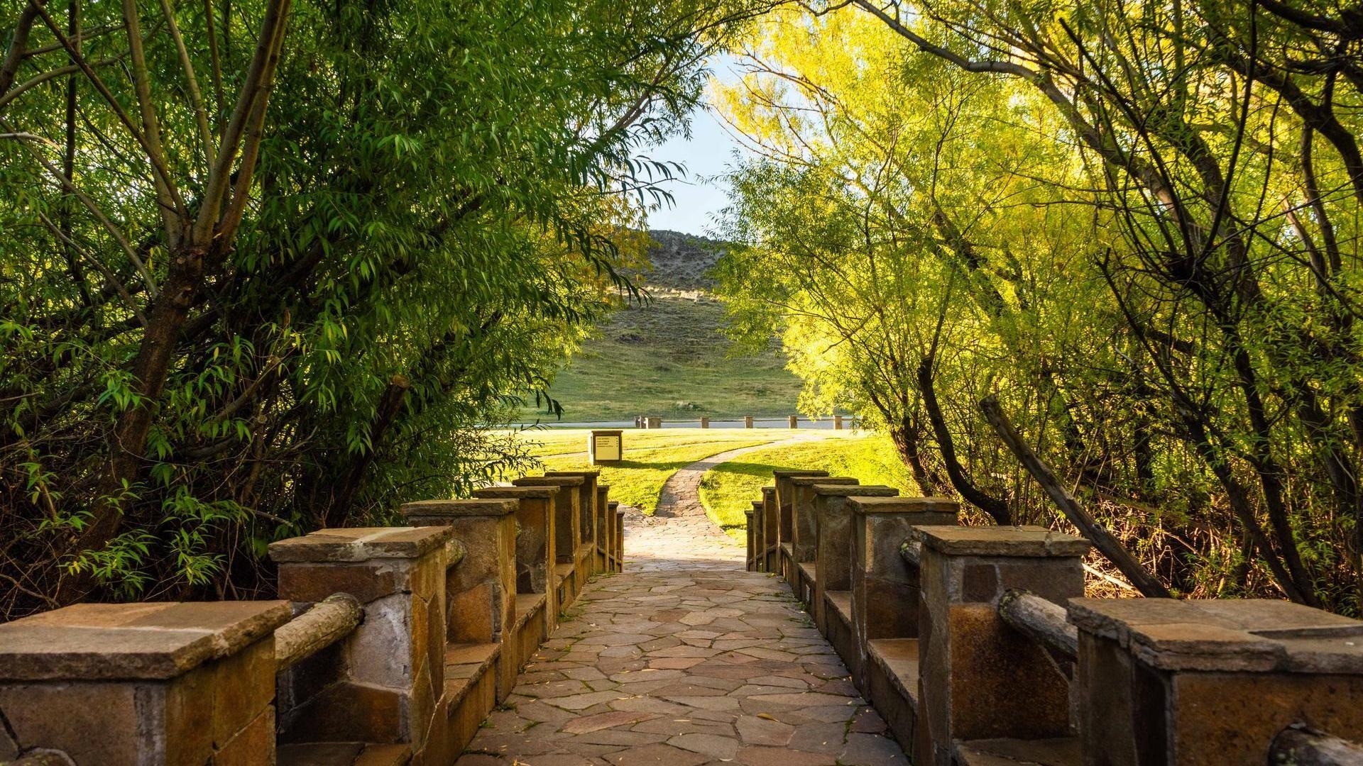 A stone pathway flanked by low stone walls and autumn trees at Explora Patagonia National Park.