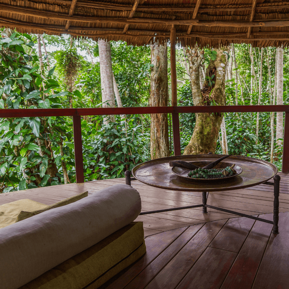 A covered deck with a round table, the back of a couch and views of green foliage