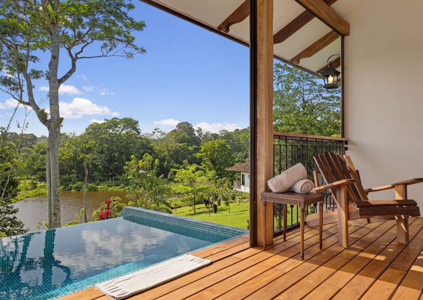 The view is from a veranda to the connected plunge pool and further on a small lake and trees.