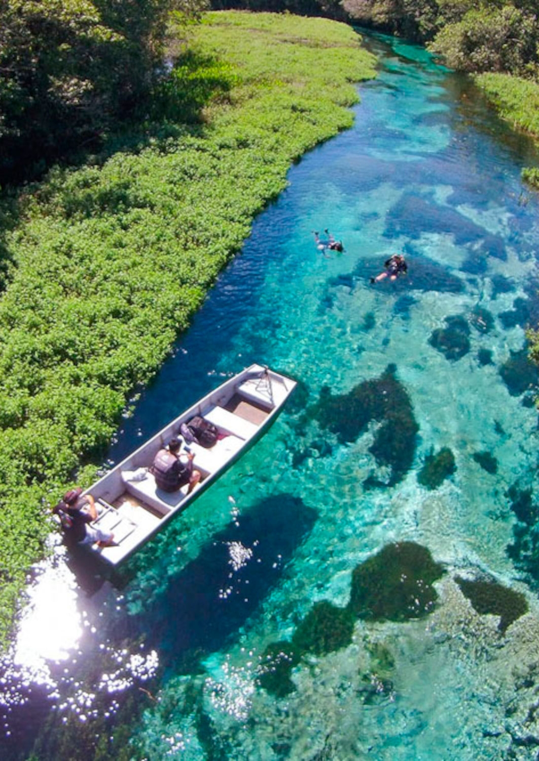 A clear blue river sidelined by greenery with a small boat and a few people swimming in the river.