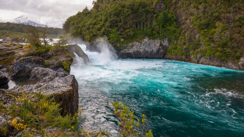 A waterfall cascades over black rocks, rushing into a vibrant turquoise blue pool surrounded by a green forest.