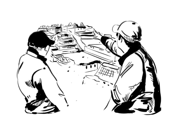 Black and white illustration of two guides pointing to a building in the distance