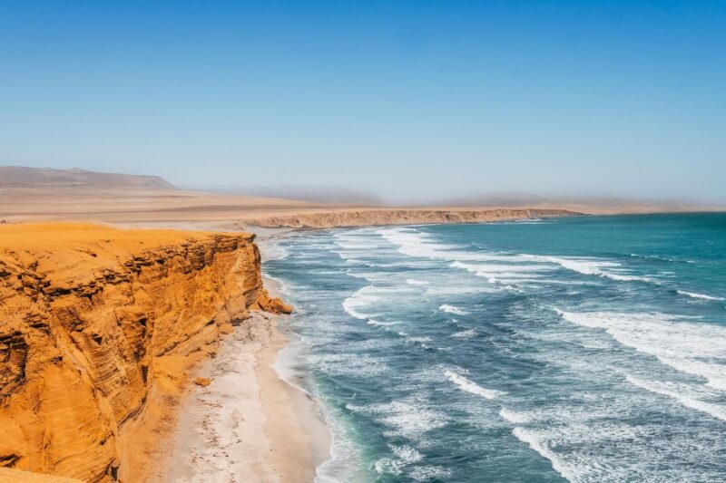 Cliffside view of a desert meeting the ocean with waves crashing onto a sandy shore.