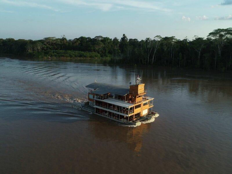 An aerial view of cruising vessel Delfin I in the Peruvian Amazon.