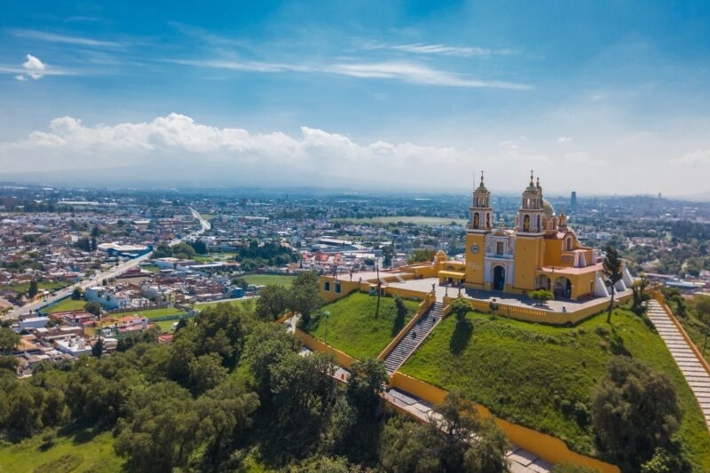 Aerial view of a church and cityscape in Puebla, Mexico