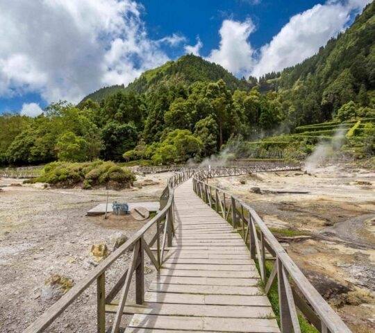 Wooden boardwalk winding through a steamy thermal field toward forest-covered hills under a cloudy blue sky.