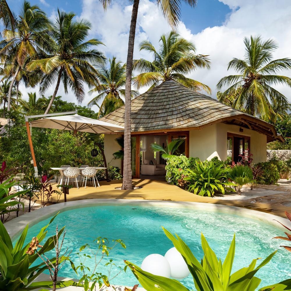 Tropical villa with a thatched roof, poolside deck chairs, and surrounding palm trees.