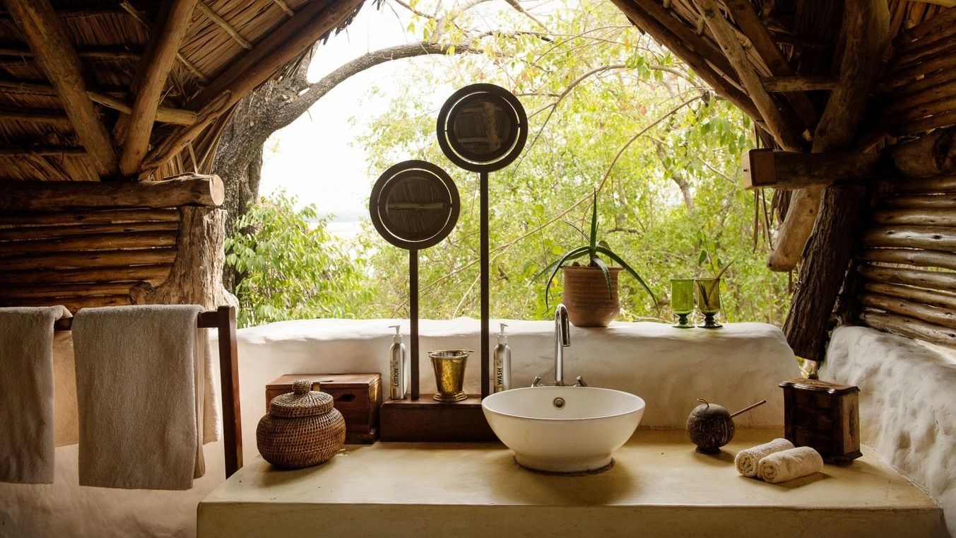 One of Sand Rivers' open-air bathrooms overlooking the Rufiji River.
