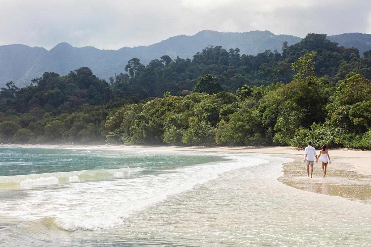 A couple walking along a pristine beach at the edge of a lush tropical jungle.