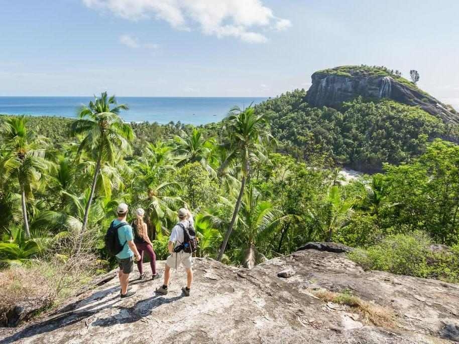 People standing on a cliff edge looking over a tropical forest and a large hill by the ocean.
