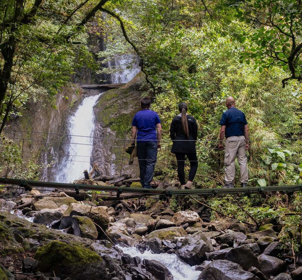 Three people stood on a suspended bridge overlooking a waterfall.