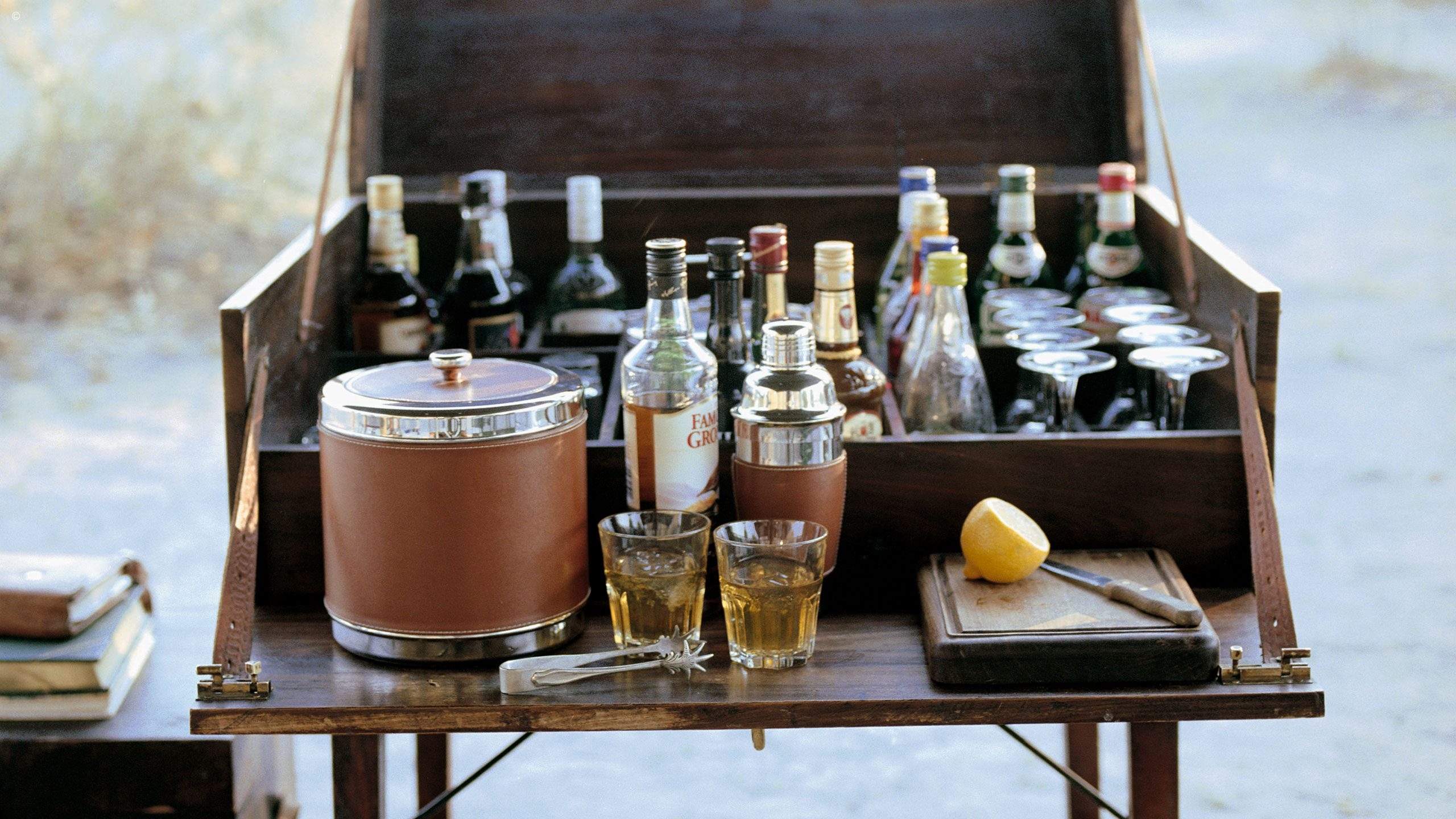 Drinks cabinet, Okavanga Delta Mobile Camp, Botswana, Africa