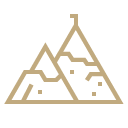 Jacada Travel line art of snowcapped mountains in bold gold lines