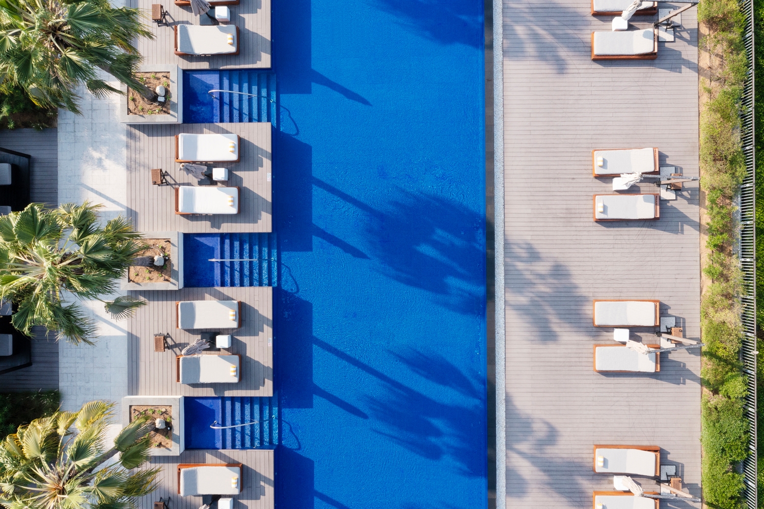 Direct overhead view of a long blue pool with sunbeds on wooden platforms and palm tree shadows.
