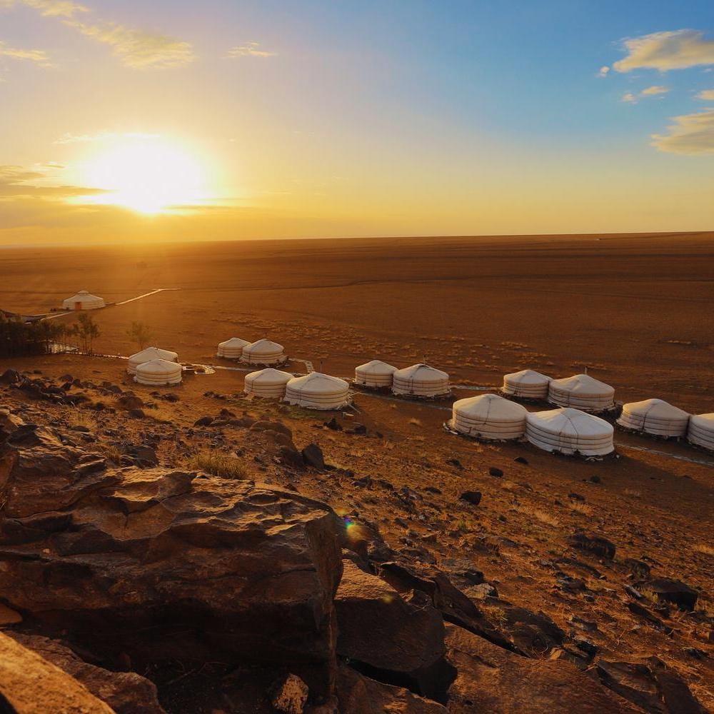 Sunrise over Three Camel Lodge in the Gobi Desert, Mongolia