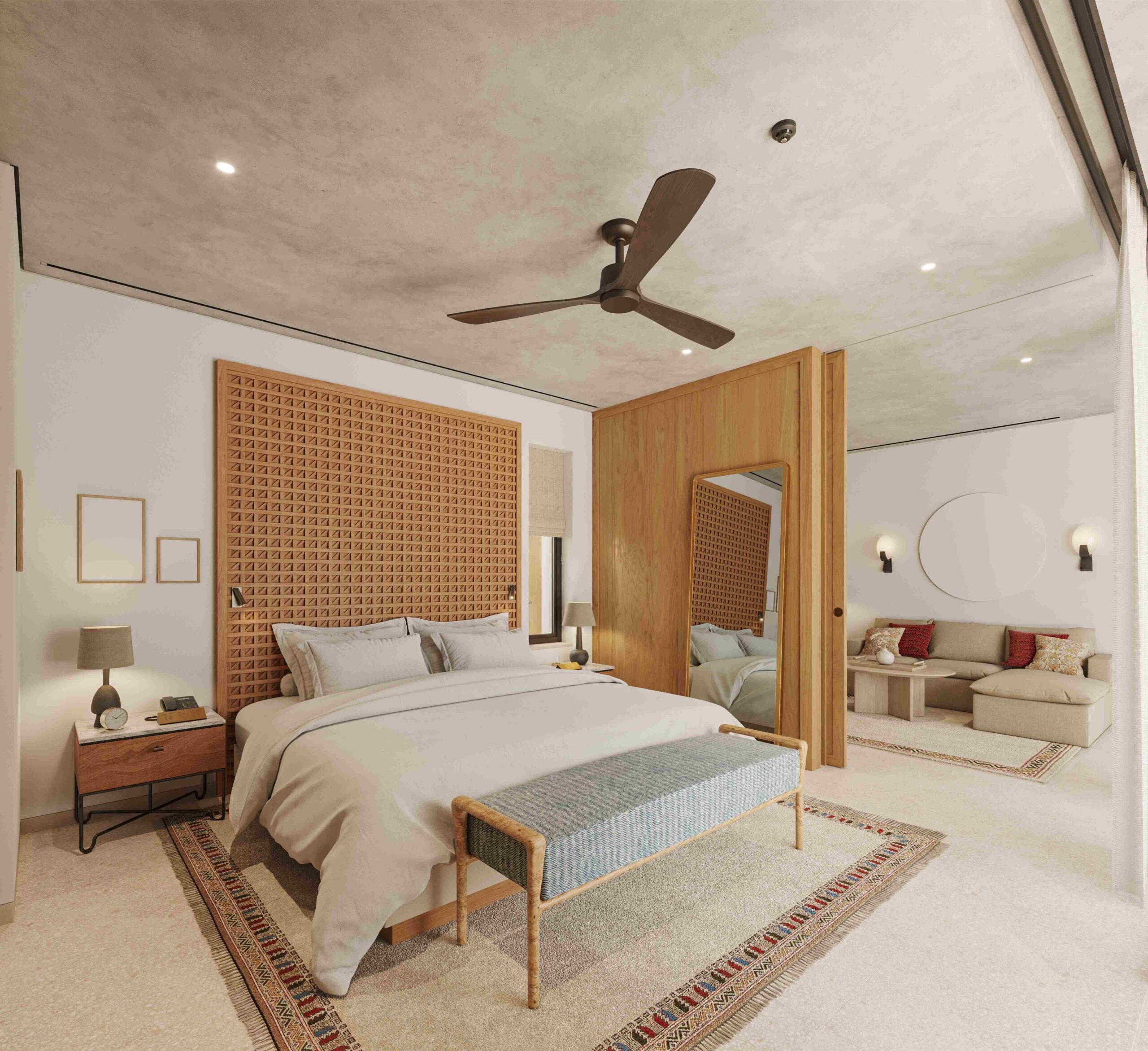 One of Mandarin Oriental Costa Navarino's bedrooms. It features a neutral, elegant palette.