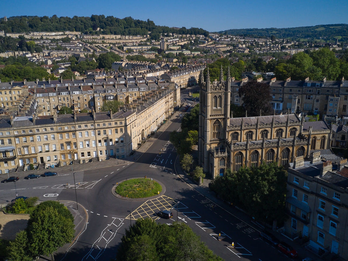 Views of Bath city and Abbey from The Bird hotel, Bath