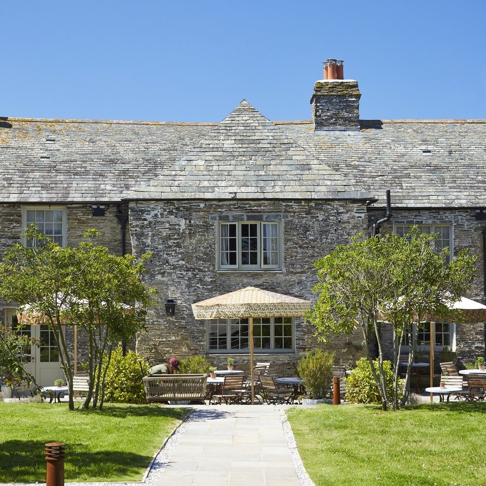 The Pig at Harlyn Bay hotel outdoor terrace and orchard