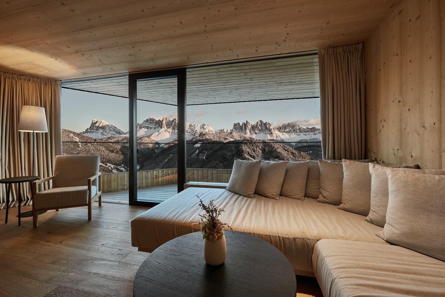 Living area in the penthouse suite at Forestis Dolomites