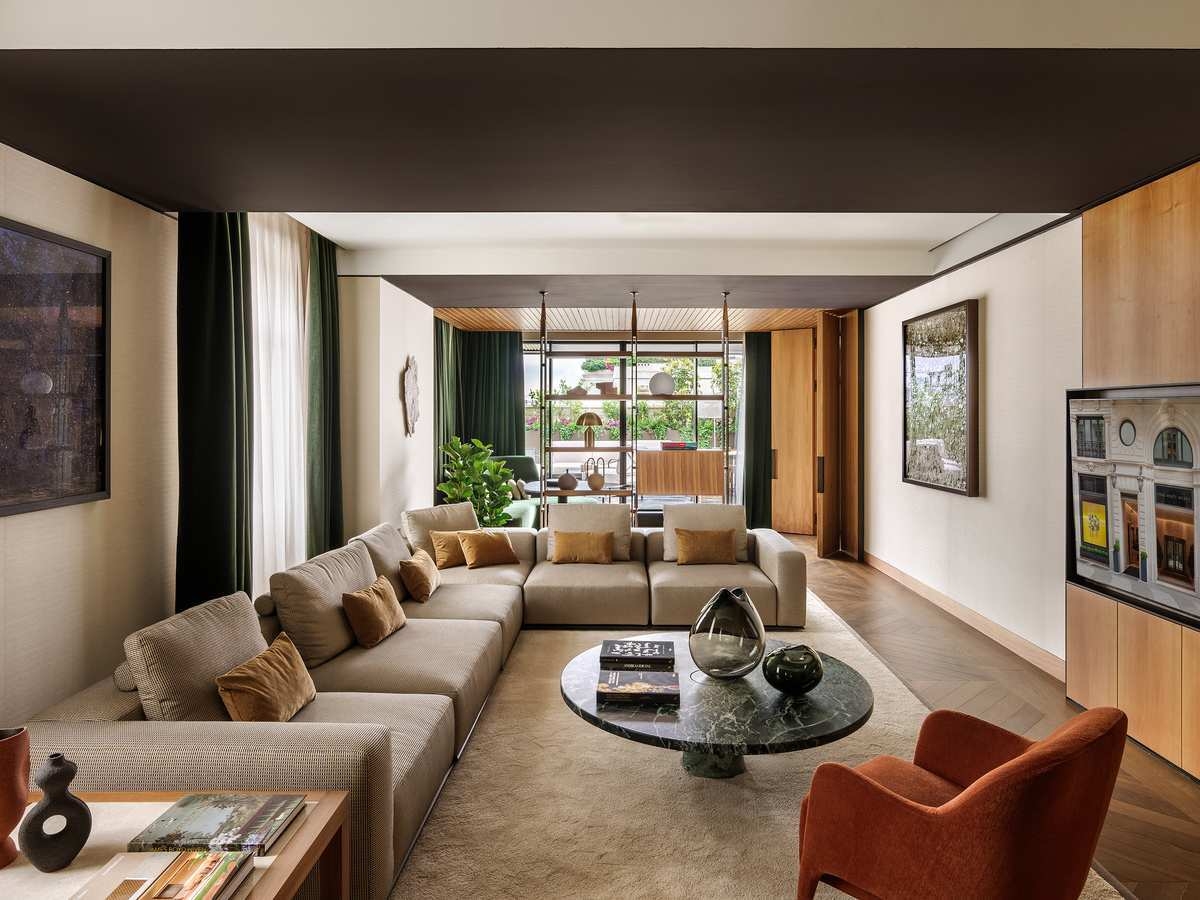 The living room in a suite at Park Hyatt Milan.