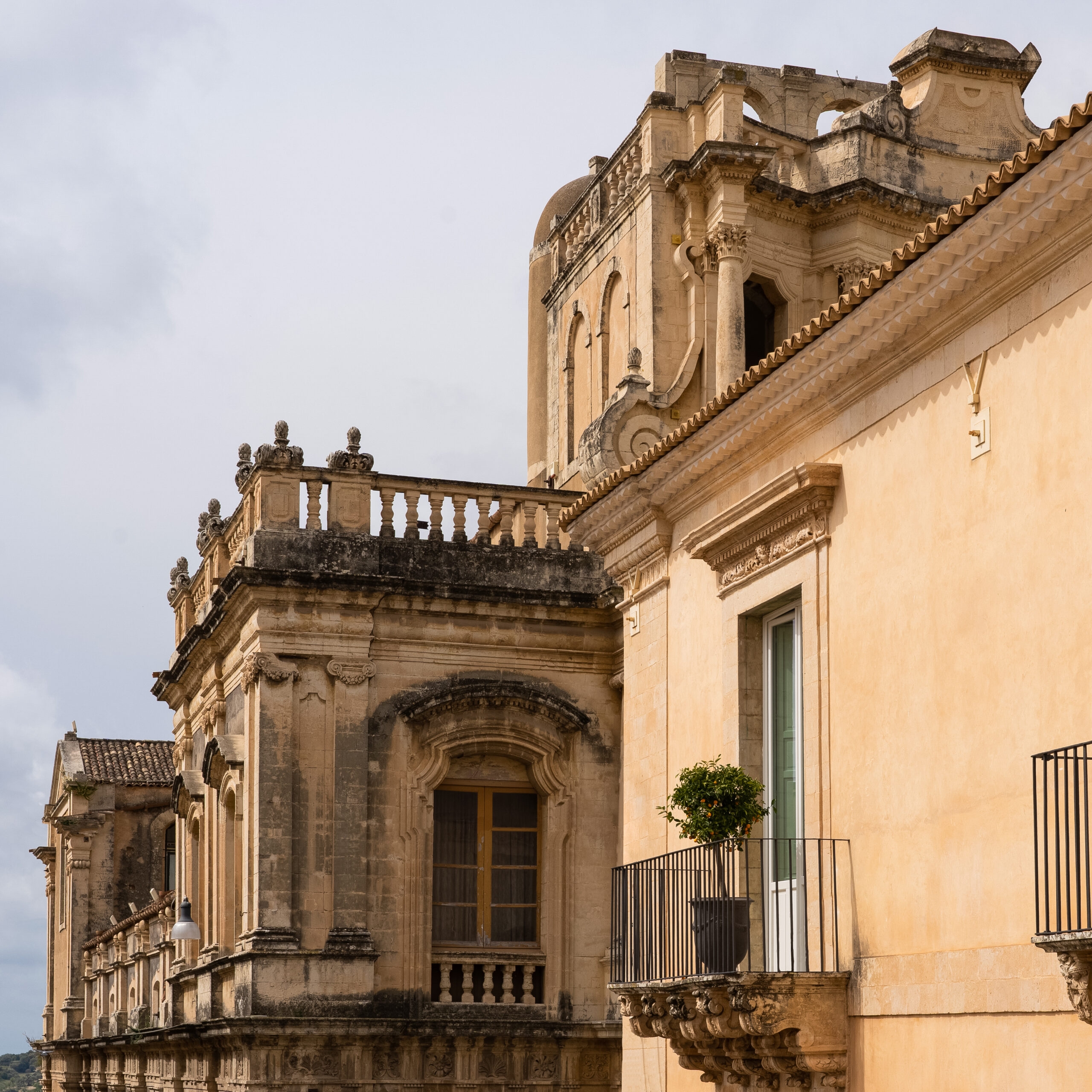 Zoomed shot of the exterior of historic Noto buildings