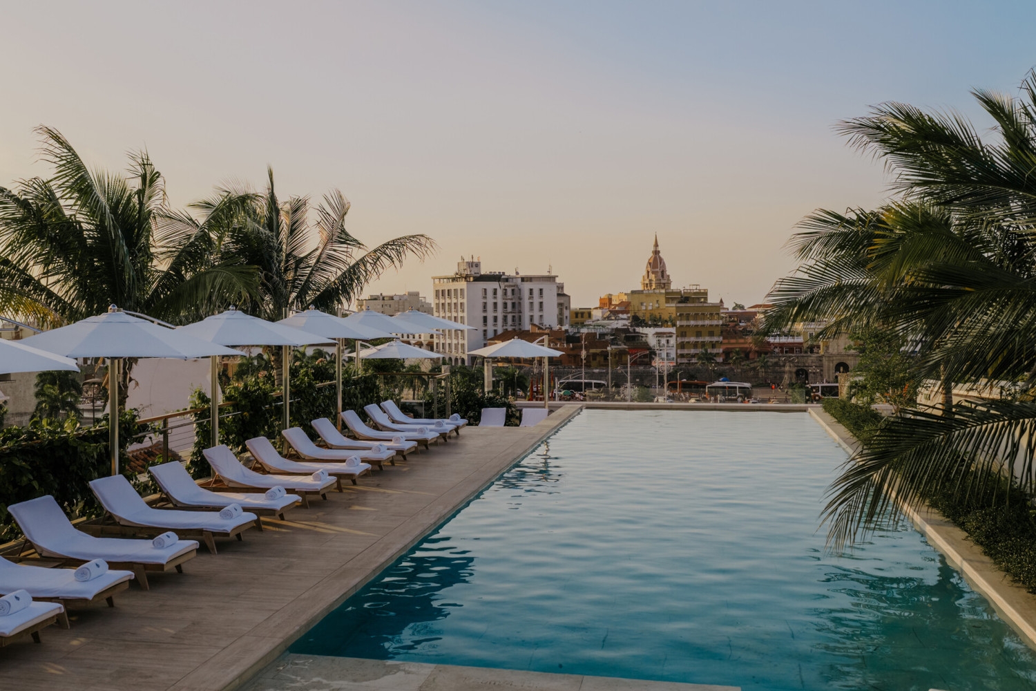 Long rectangular pool with white lounge chairs and umbrellas along the left side and palms, and a view over Cartagena beyond.