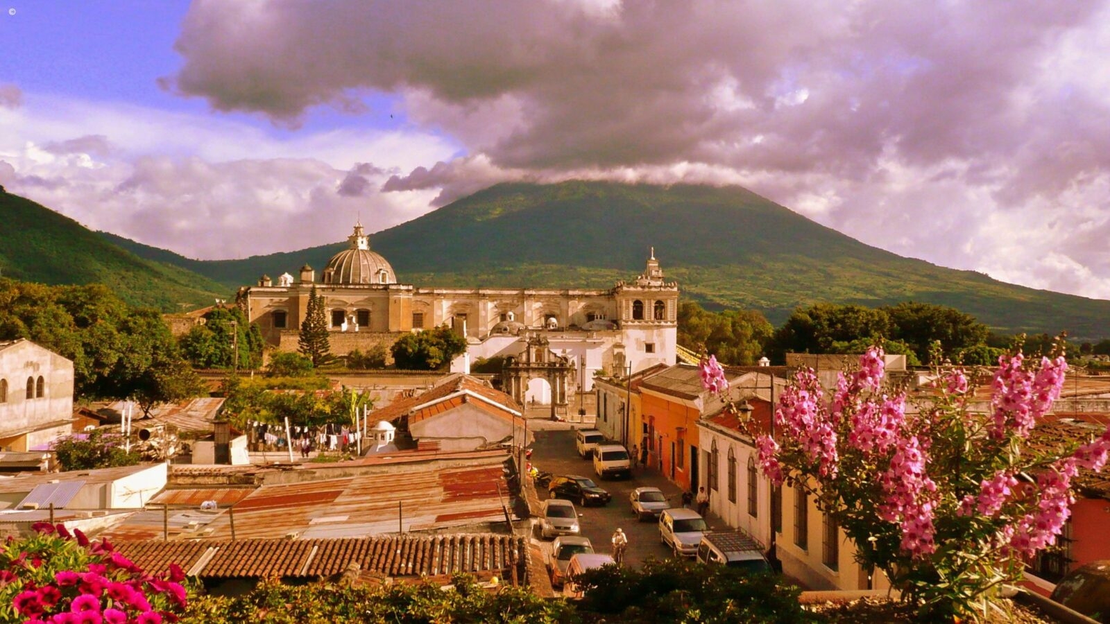 Aerial view of the city of Antigua in Guatemala, framed by pink spring flowers and dramatic mountains