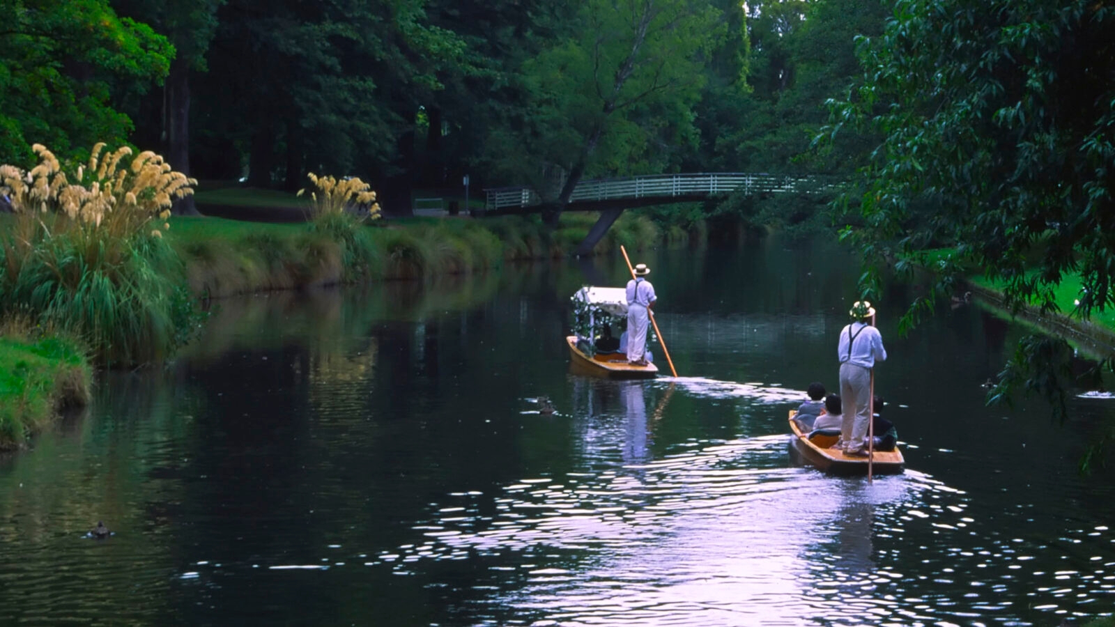 "Wedding Party in boats in Christchurch Botanical Gardens, New Zealand"