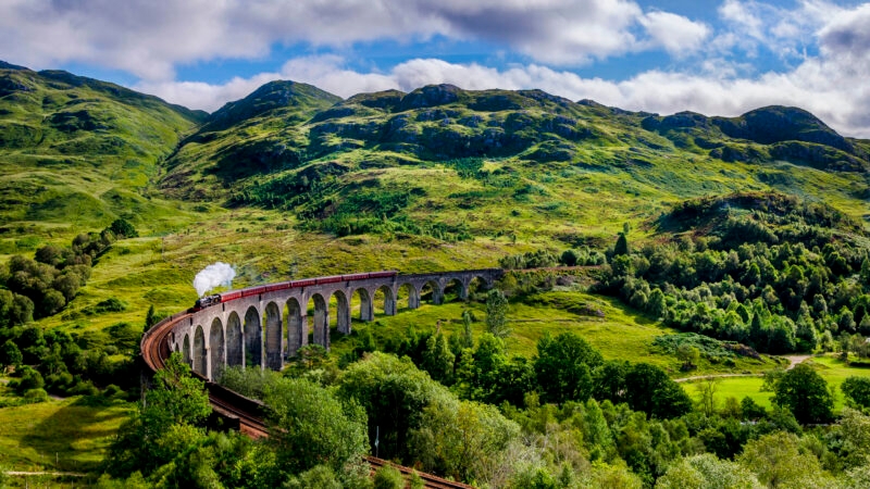 A steam train on the Glenfinnan Viaduct