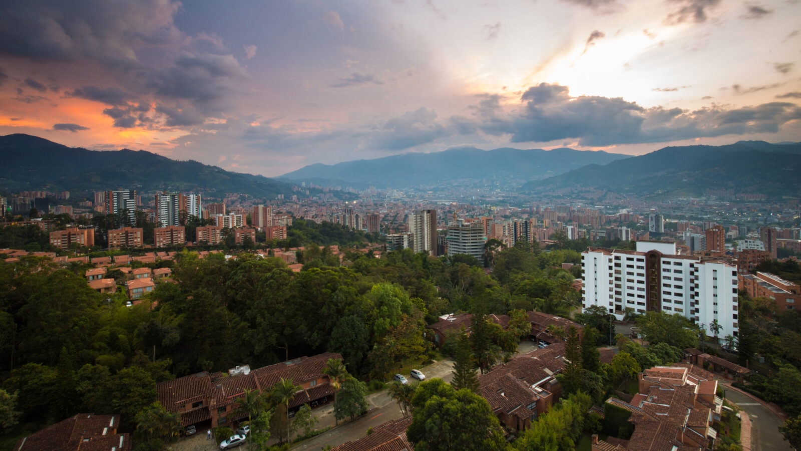 The skyline of Medellin, Colombia at sunset