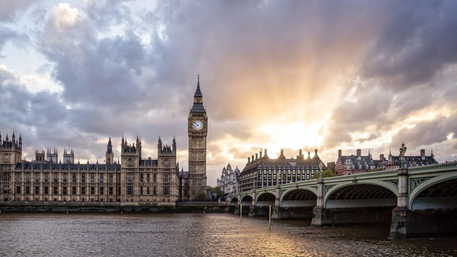 Big Ben and Parliament from across Thames River at sunset, London, UK
