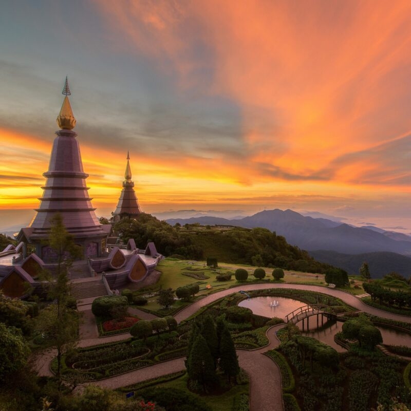 Luxury Thailand Tours -Landscape of Twin pogoda in Doi inthanon mountain with morning sunrise in Chaing mai.